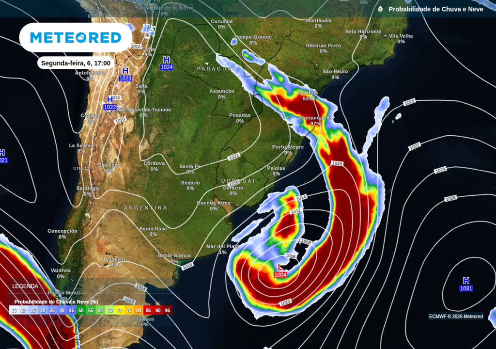 Previsão de probabilidade de chuva (escala de cores) para a tarde de segunda-feira (6), segundo o ECMWF. Previsão de probabilidade de chuva (escala de cores) para a tarde de segunda-feira (6), segundo o ECMWF.