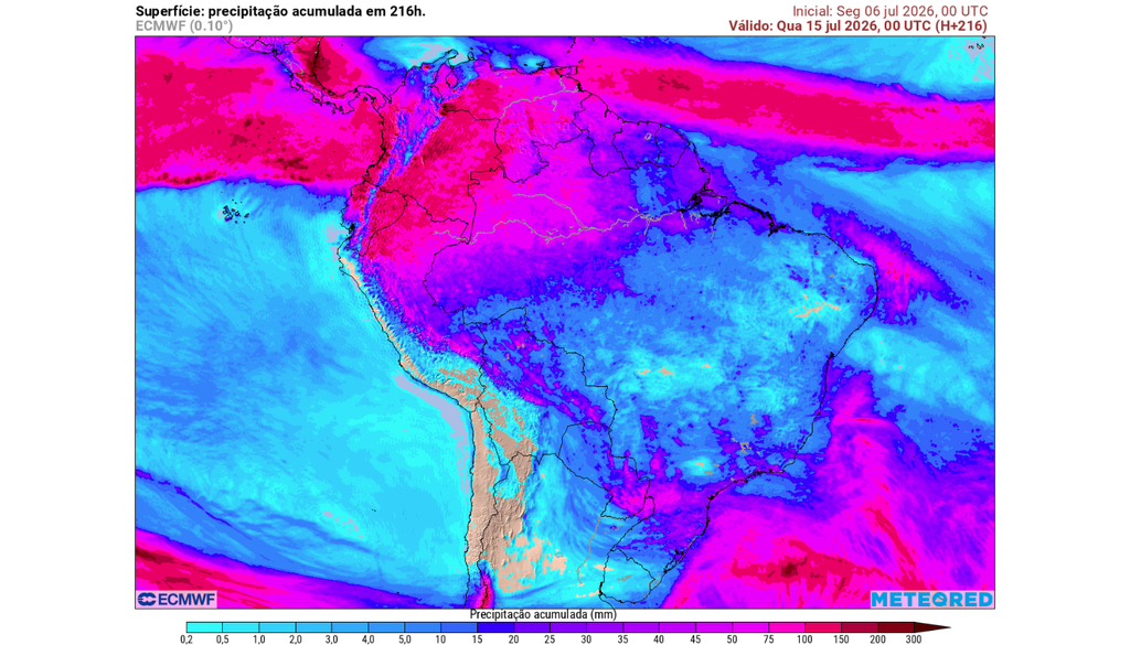 Previsão de chuva acumulada até o final de terça-feira (14), segundo o ECMWF. Previsão de chuva acumulada até o final de terça-feira (14), segundo o ECMWF.