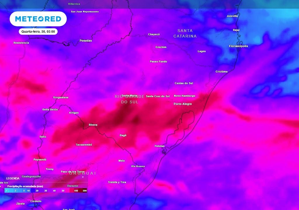 Previsão de acumulados totais de chuva até a próxima quarta-feira Previsão de acumulados totais de chuva até a próxima quarta-feira mostra que até 200 mm de chuva atingirão o Sul do Brasil nos próximos dias, causando transtornos para a população.