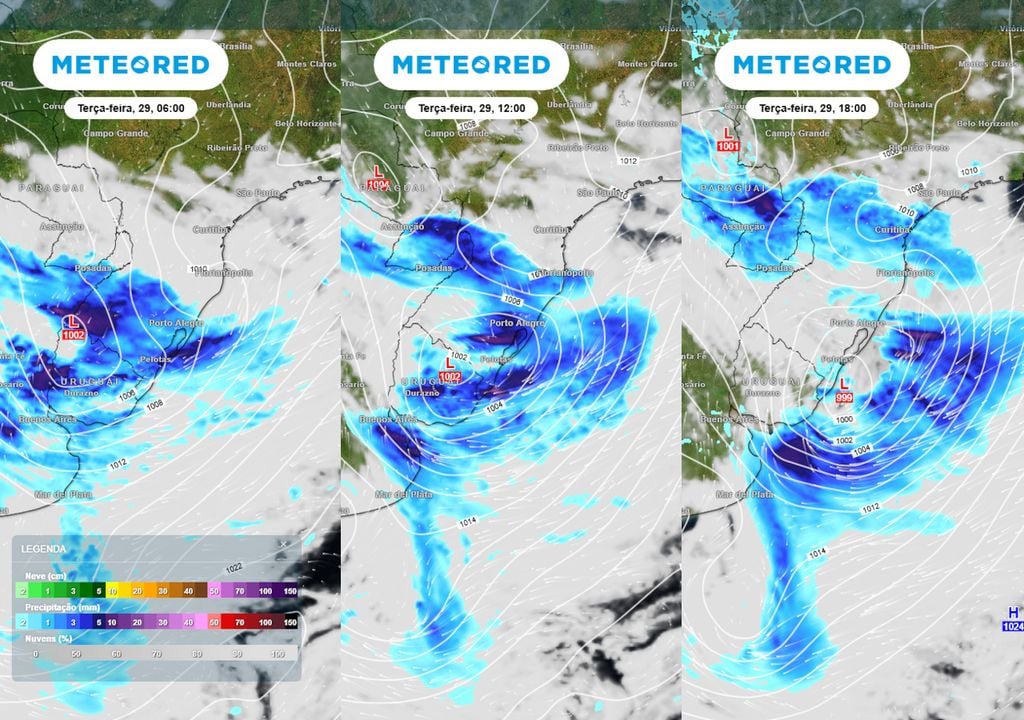 Previsão de pressão, nebulosidade e chuva ao longo da terça-feira. Previsão de pressão, nebulosidade e chuva ao longo da terça-feira mostra a evolução de um ciclone extratropical e sua frente fria, causando tempestades severas intensas sobre a região Sul.