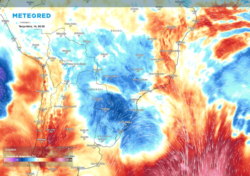 Previsão de anomalias de temperatura em 850 hPa na terça-feira de madrugada.