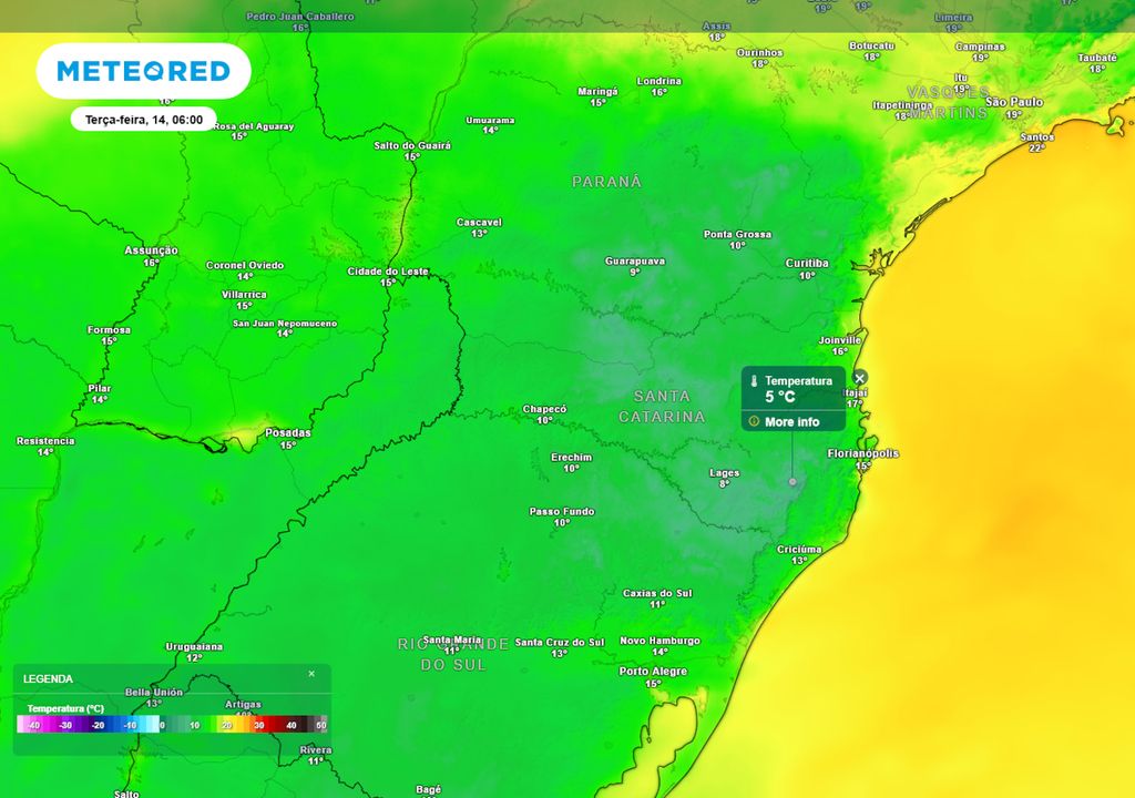 Previsão de temperaturas mínimas na terça-feira durante o início da manhã.