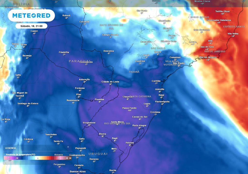 Previsão de anomalias de temperatura em 850 hPa no sábado durante a noite.