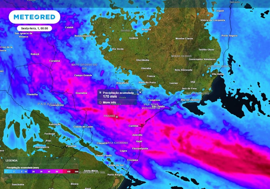 Previsão de acumulados totais até o final da quinta-feira ilustra faixa que será afetada pelas chuvas nos próximos dias, com volumes que podem chegar a valores entre 150 mm e 200 mm.