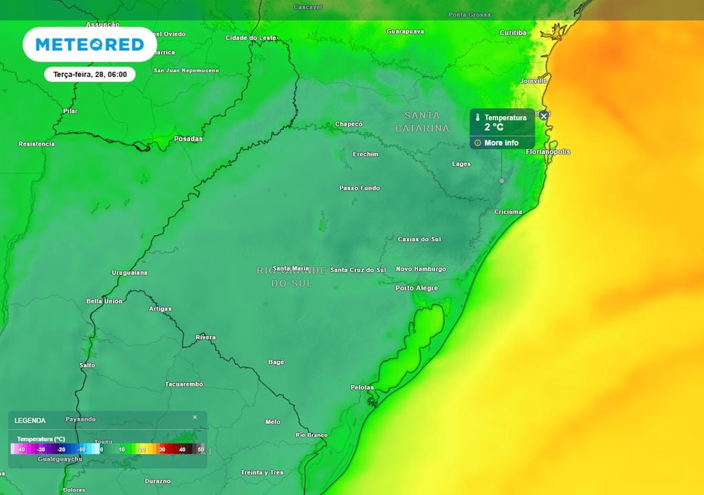 Previsão de temperaturas mínimas nesta terça-feira durante o início da manhã mostra valores de até 2°C entre o Rio Grande do Sul e Santa Catarina, ocasionando geadas abrangentes.