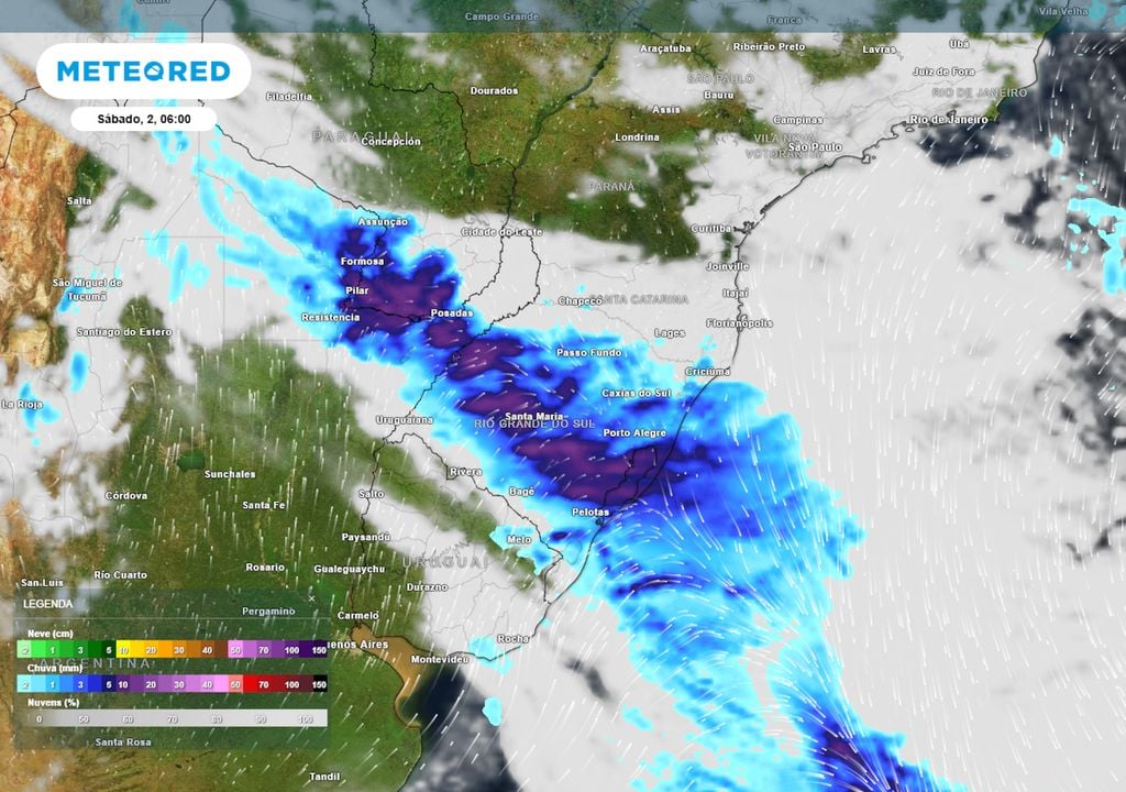 Previsão de ventos, nebulosidade e chuva no sábado de manhã mostra o avanço de uma frente fria pelo RS. Ao longo do próprio sábado, o sistema atinge também SC e PR com chuvas fortes.