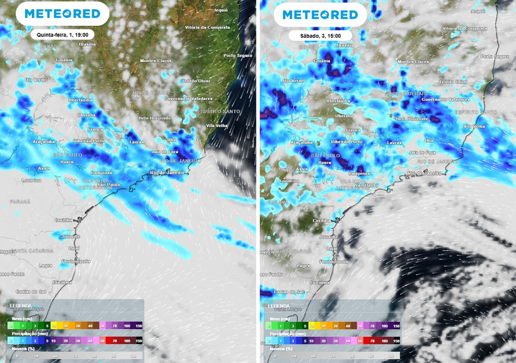 Previsão de chuvas (mm) e nebulosidade para quinta-feira (1º outubro) às 19h à esquerda e para sábado (3) às 15h à direita, segundo o modelo euroepu ECMWF.