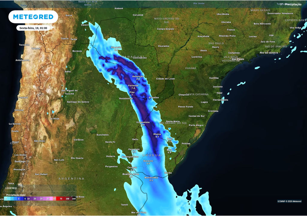 Previsão de chuva para a madrugada de sexta-feira (19), segundo o ECMWF.