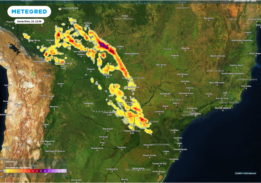 Previsão de tempestades para sexta-feira (19), segundo o ECMWF.