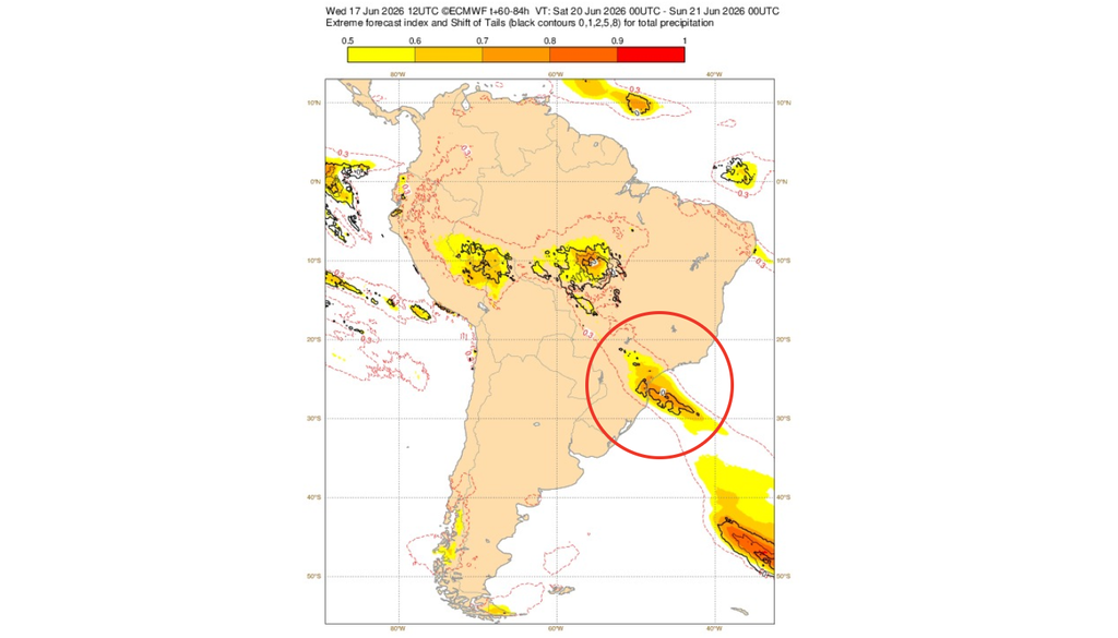 EFI do modelo ECMWF destaca chuvas extremas entre o Sul e o Sudeste neste sábado (20). Créditos: Adaptado de ECMWF.