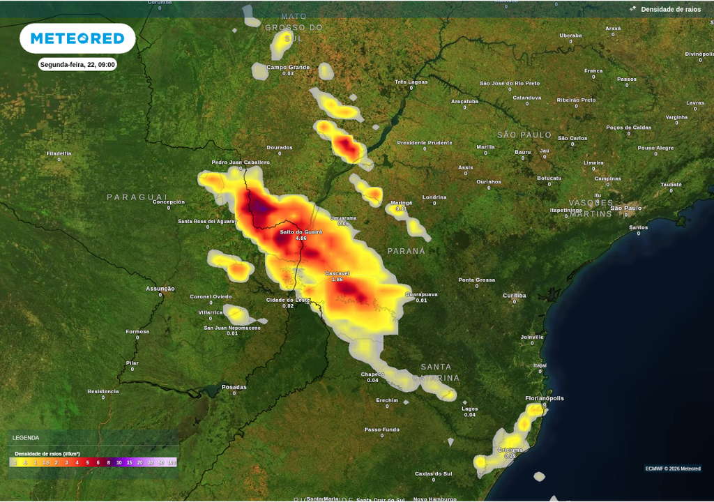 Previsão de tempestades para segunda-feira (23), segundo o ECMWF.
