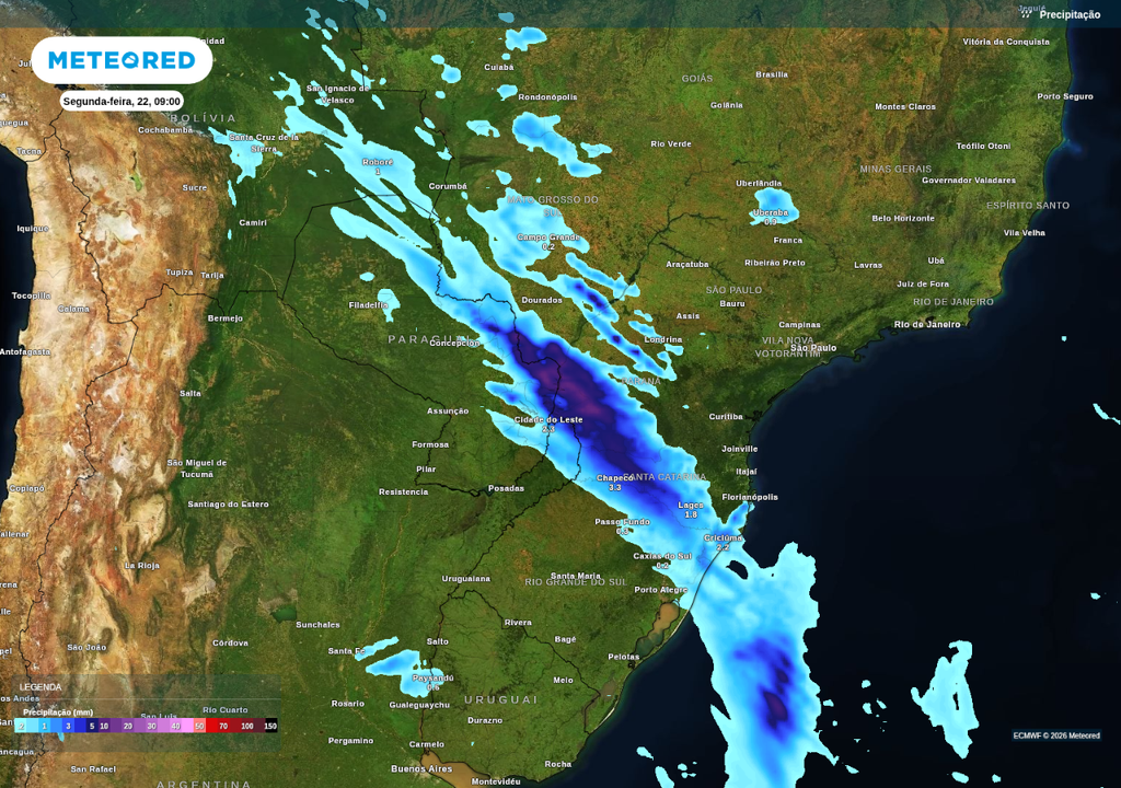 Previsão de chuva para segunda-feira (22), segundo o ECMWF.