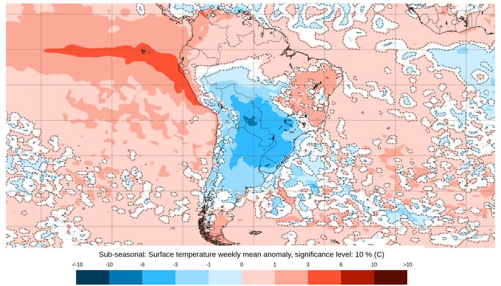 Previsão de anomalia semanal de temperatura entre 22 e 29 de junho, segundo o ECMWF. Créditos: ECMWF.