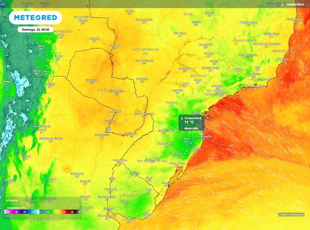 Previsão de temperatura mínima (em °C) para a manhã (6h) do domingo (22), segundo o modelo europeu ECMWF.