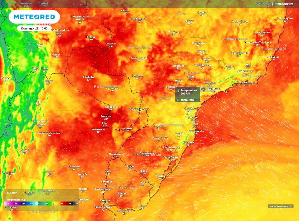 Previsão de temperatura máxima (em °C) para o domingo (22) à tarde (15h), segundo o modelo europeu ECMWF.