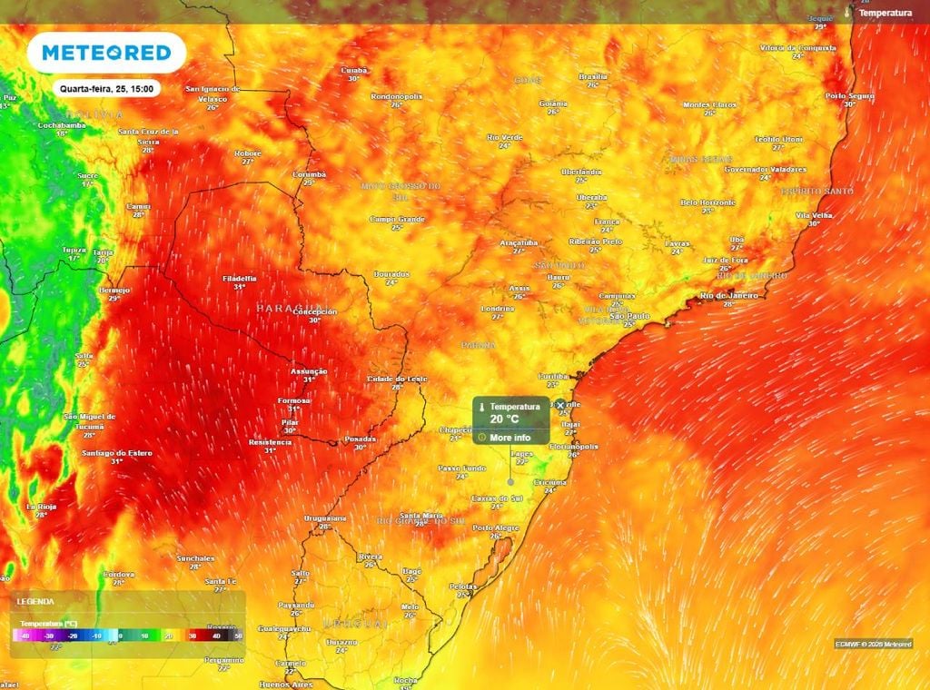 Previsão de temperatura máxima (em °C) para quarta-feira (25) à tarde (15h), segundo o modelo europeu ECMWF.