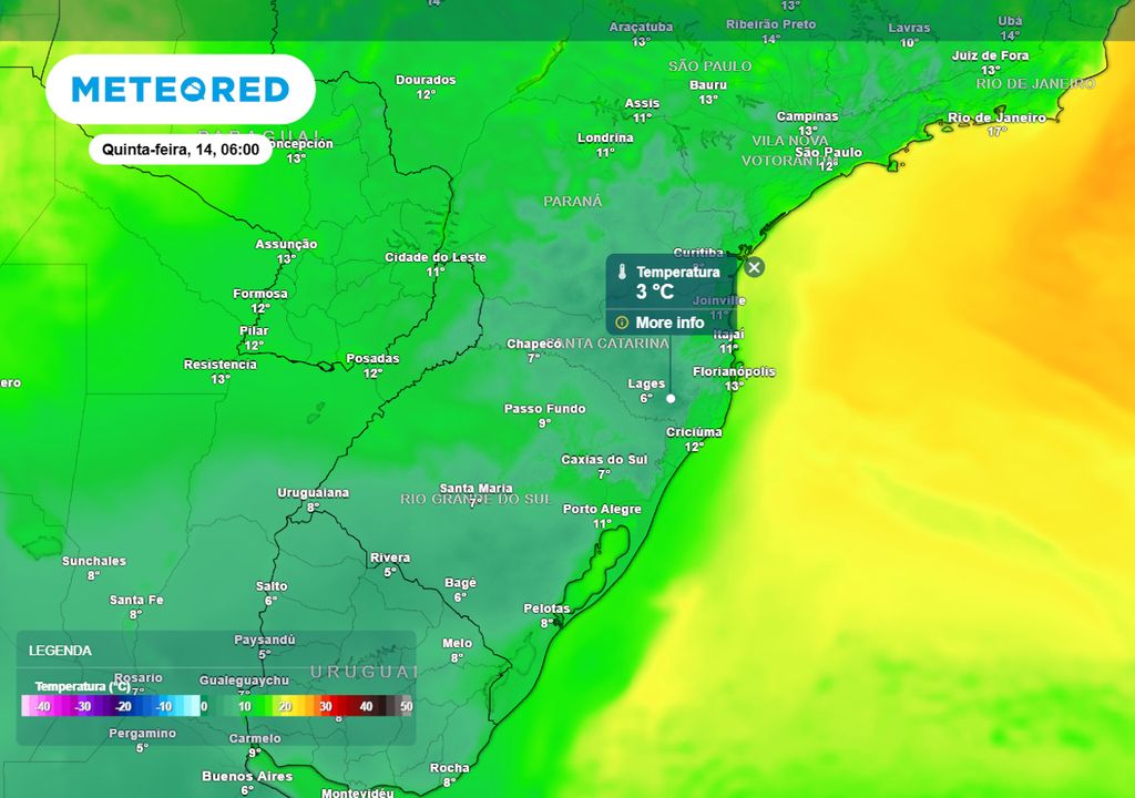 Previsão de temperatura mínima na quinta-feira durante a manhã.