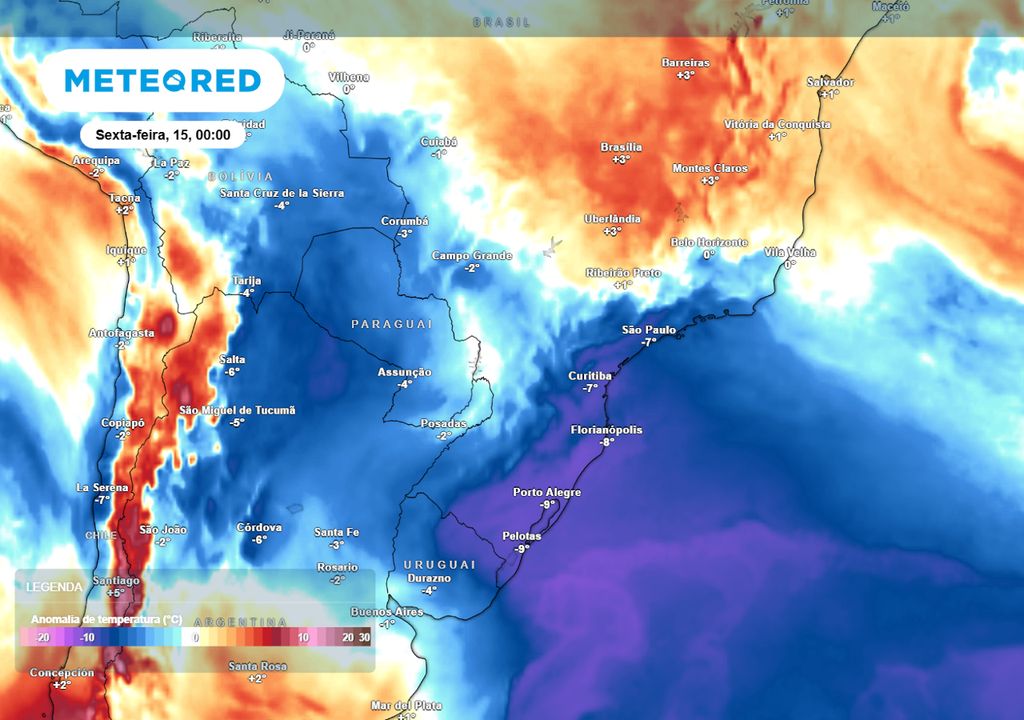 Previsão de anomalias de temperatura em 850 hPa no início da sexta-feira.
