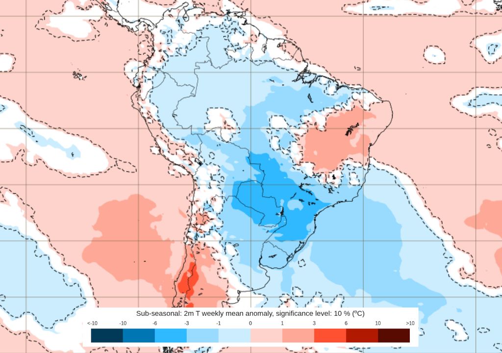 Previsão de anomalias de temperatura entre os dias 11 e 18 de Agosto.