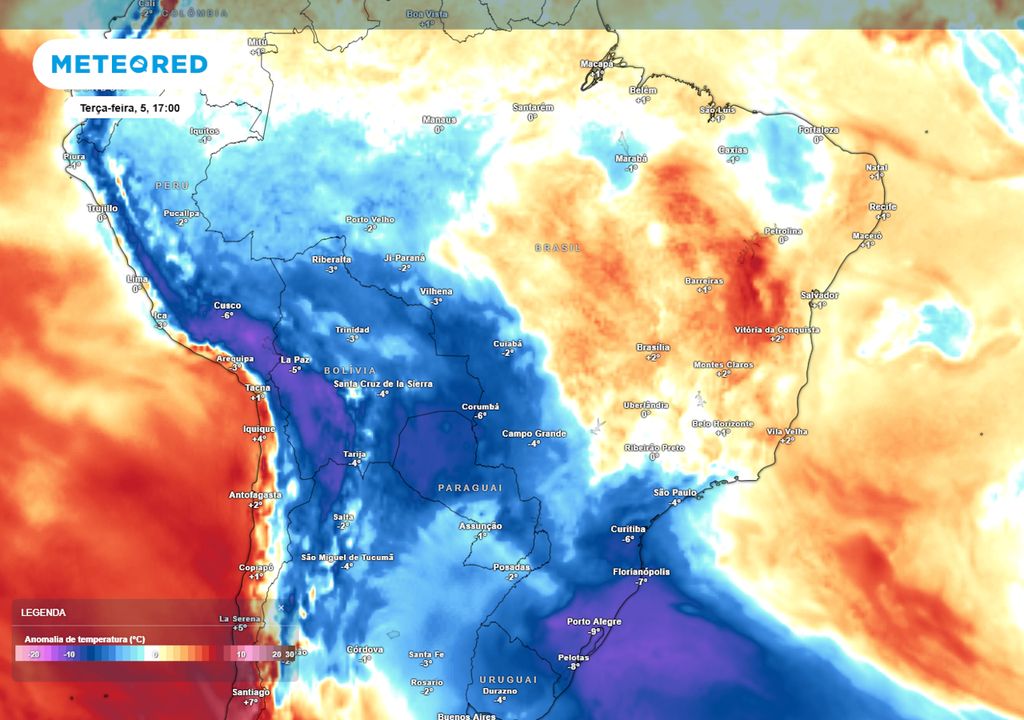 Previsão de anomalias de temperatura em 850 hPa na terça-feira durante a tarde. Previsão de anomalias de temperatura em 850 hPa na terça-feira durante a tarde.