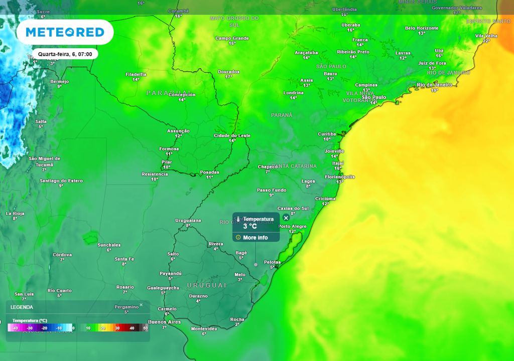 Previsão de temperaturas mínimas na quarta-feira (06) durante o início da manhã. Previsão de temperaturas mínimas na quarta-feira (06) durante o início da manhã.