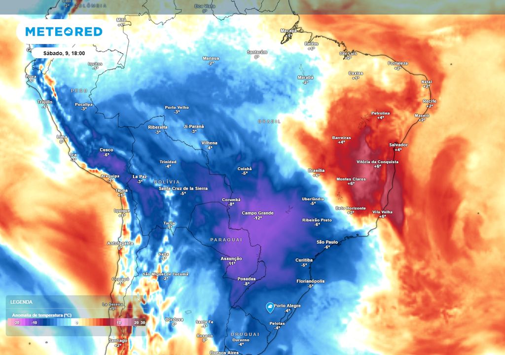 Previsão de anomalias de temperatura em 850 hPa no sábado durante a tarde. Previsão de anomalias de temperatura em 850 hPa no sábado durante a tarde.