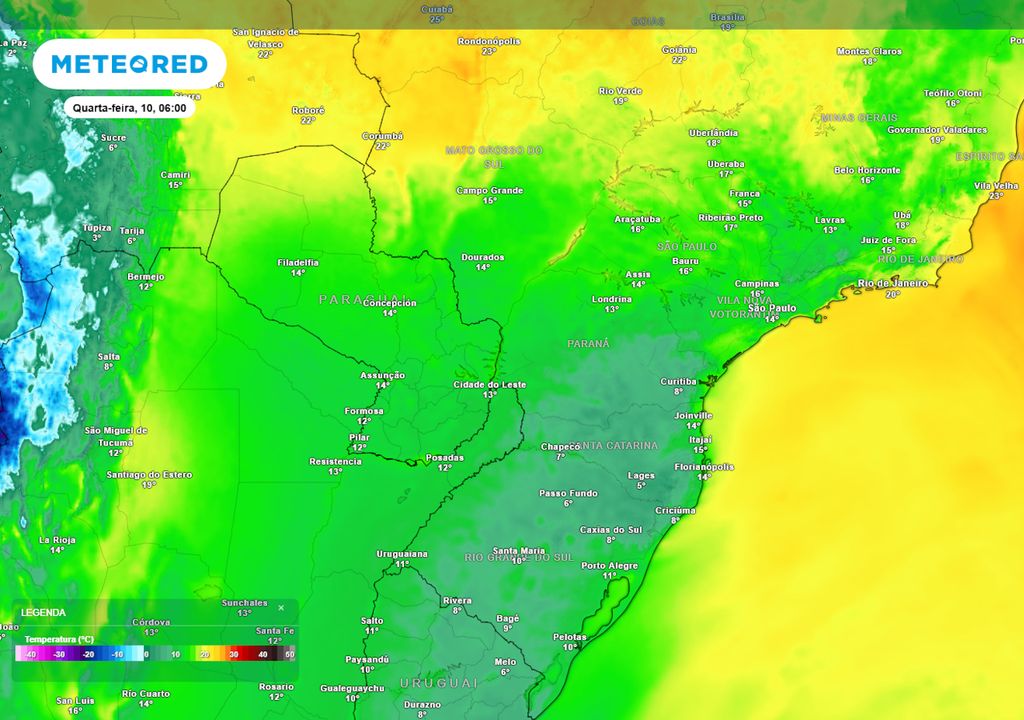 Previsão de temperaturas mínimas na quarta-feira durante o início da manhã.