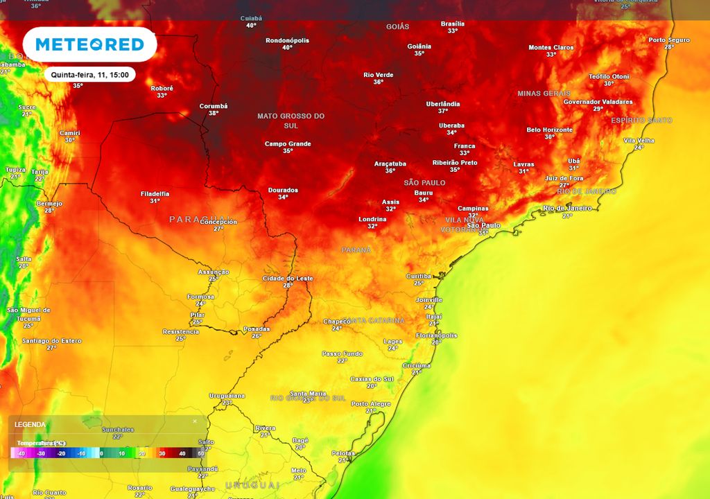 Previsão de temperaturas máximas na quinta-feira durante a tarde.