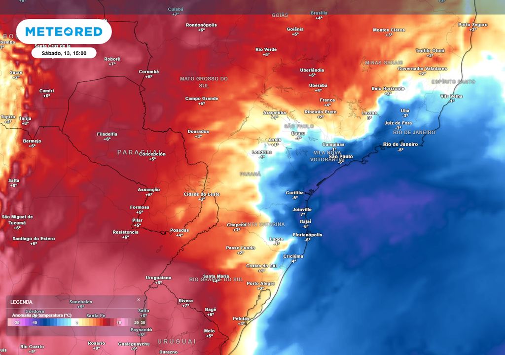 Previsão de anomalias de temperatura em 850 hPa no sábado durante a tarde.