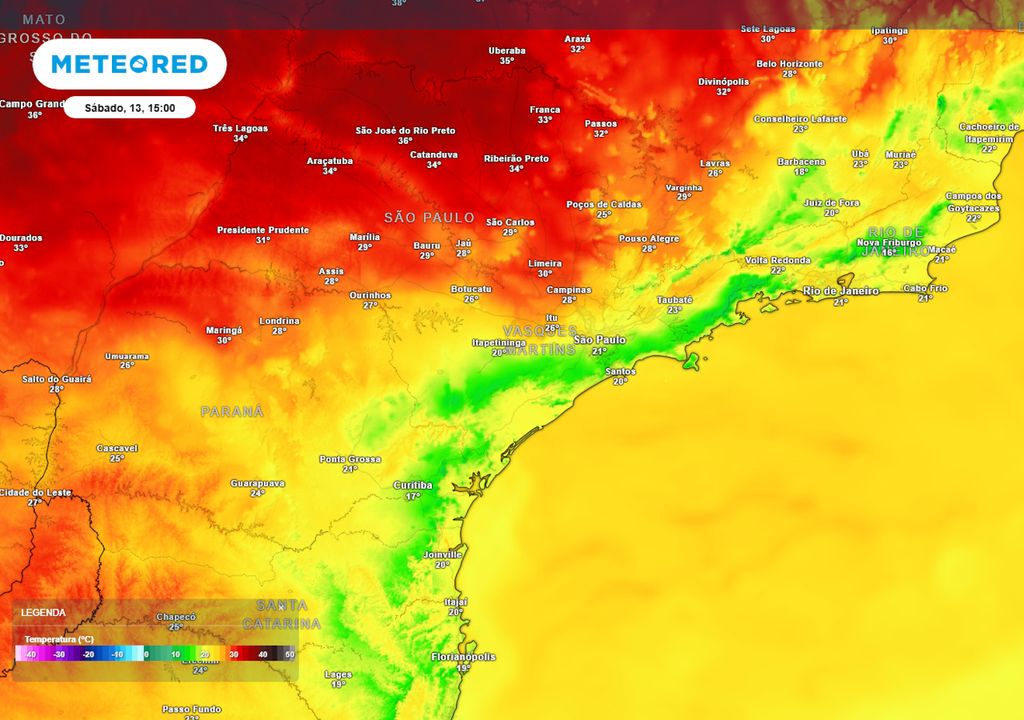 Previsão de temperaturas máximas no Sábado durante a tarde.