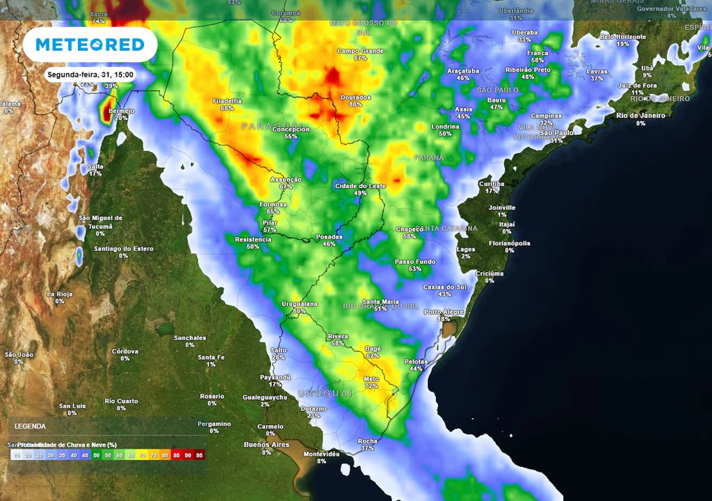 Previsão de probabilidade de chuva na próxima segunda-feira durante a tarde.
