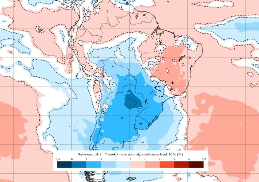 Previsão de anomalias de temperatura entre os dias 23 e 30 de Junho.