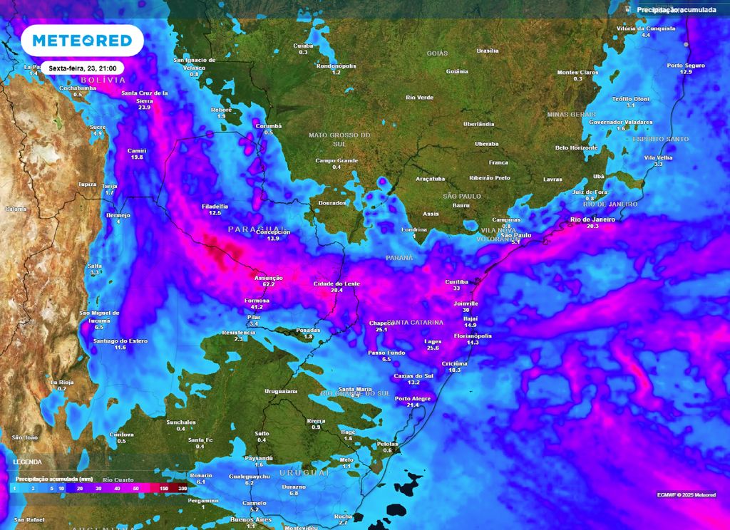 Mapa de precipitação acumulada entre segunda-feira (19) e sexta-feira (23). Mapa de precipitação acumulada entre segunda-feira (19) e sexta-feira (23).
