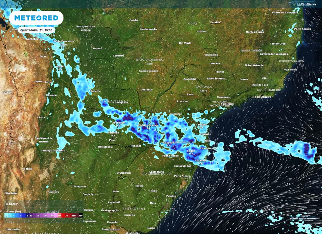 Mapa de precipitação prevista para a tarde de quarta-feira (21). Mapa de precipitação prevista para a tarde de quarta-feira (21).