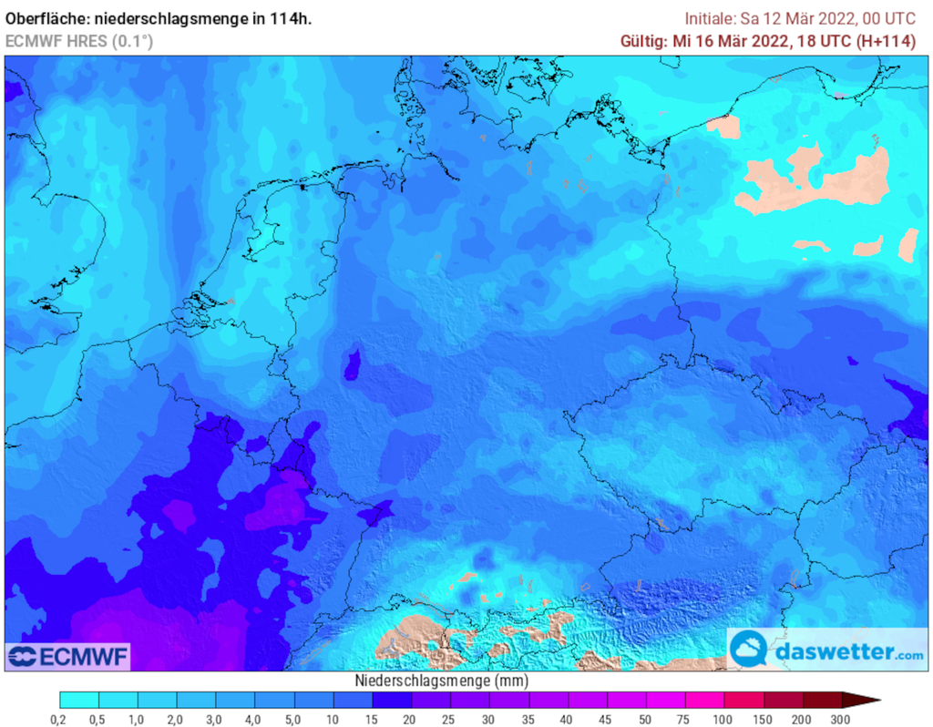 Berechneter Niederschlag bis Mittwoch
