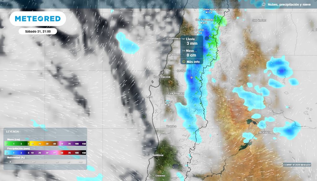 Precipitación (mm) para la noche del sábado (31) en Chile centro-sur.