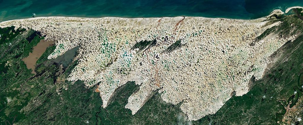 Dunas de arena blanca brillante se extienden a lo largo de decenas de kilómetros entre el azul oscuro del océano Atlántico y la verde vegetación costera. Lagunas de agua dulce, de color azul y verde, llenan las zonas bajas entre las dunas, mientras que parches de vegetación verde oscuro se encuentran dentro del campo de dunas. NASA Earth Observatory/Michala Garrison