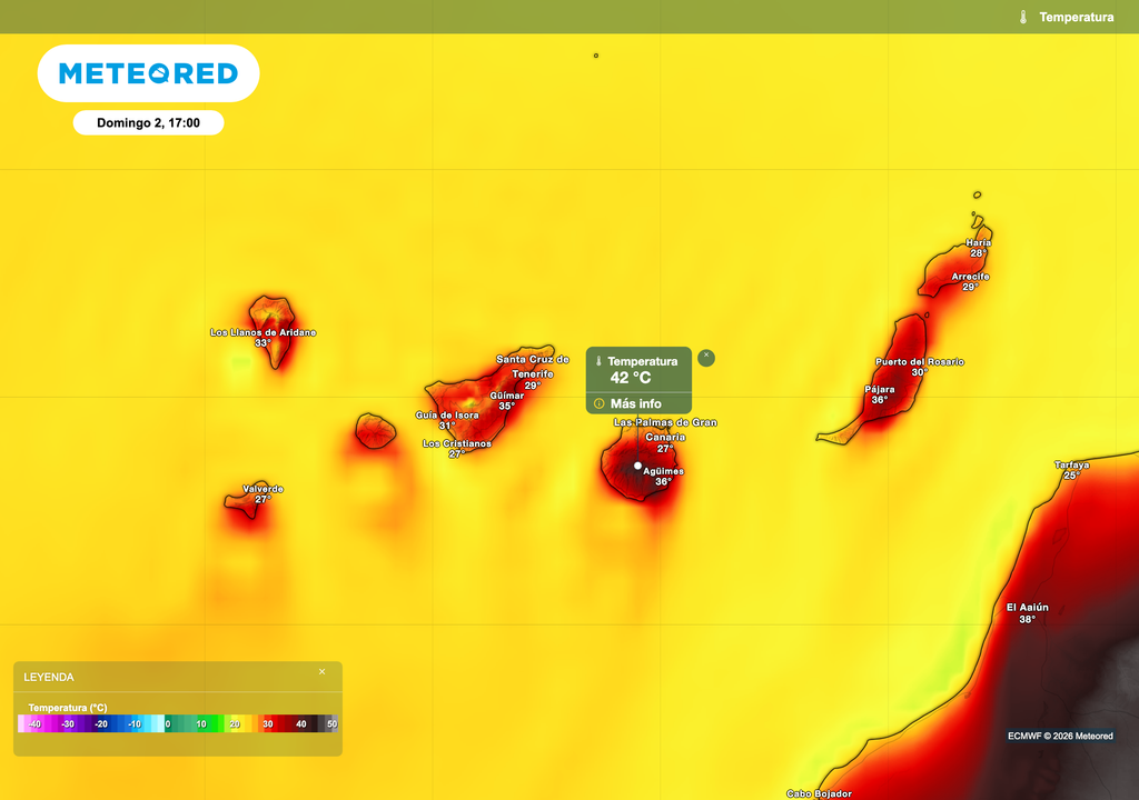 Calor extremo en Canarias: estas son las máximas previstas por el modelo europeo para mañana domingo a las 17:00.