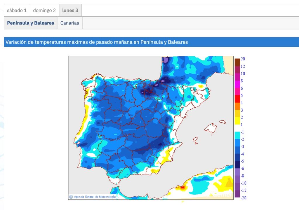 Variación de temperatura máxima prevista para el lunes, respecto de los valores registrados el domingo. Fuente: AEMET.