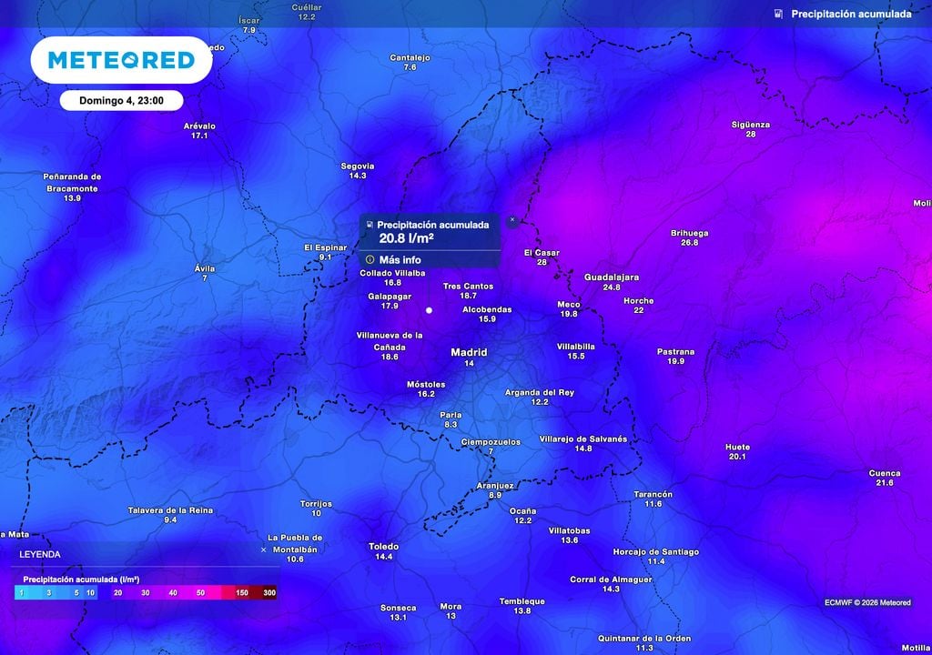 Precipitación acumulada prevista por el modelo europeo hasta las 23:00 del lunes. Hay que tener en cuenta que este modelo suele infravalorar los acumulados en situaciones de chubascos y tormentas.