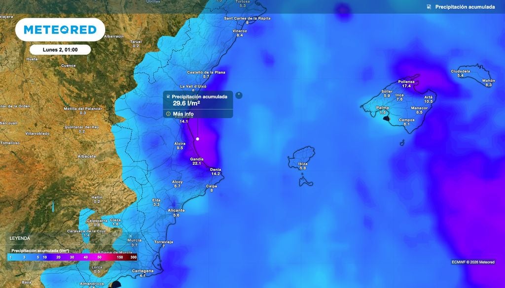 Precipitación acumulada prevista por el modelo europeo hasta la medianoche del lunes.