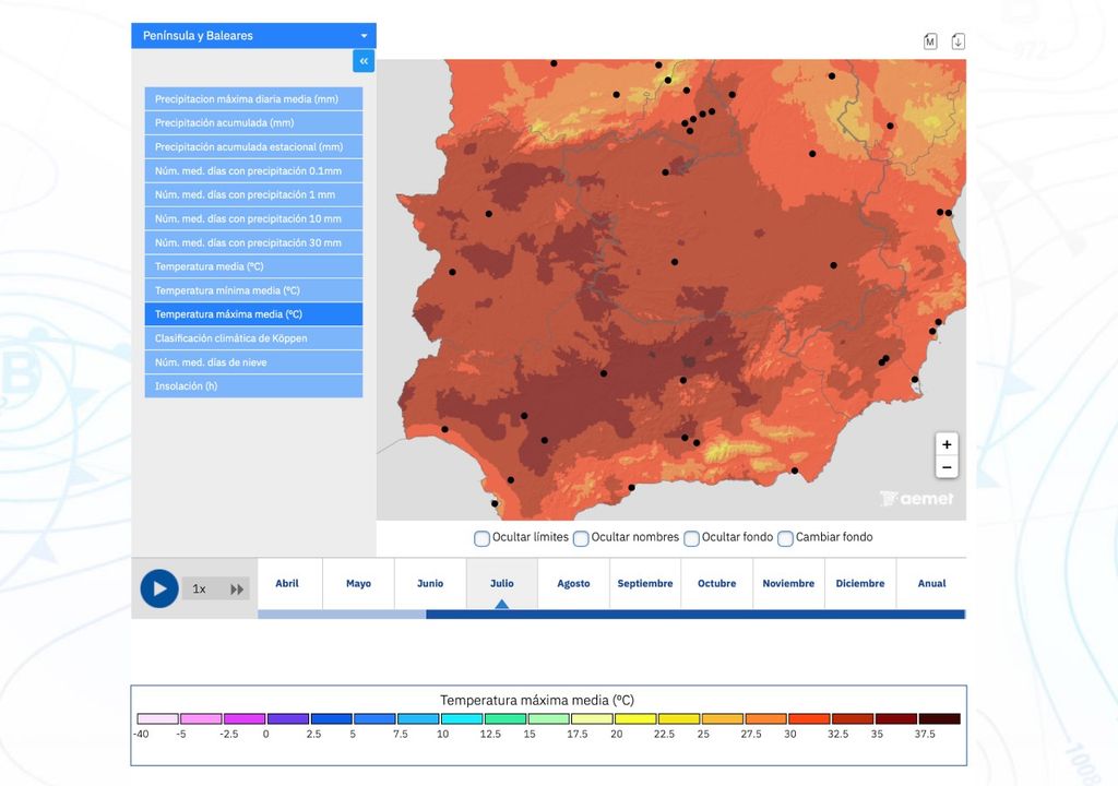 Temperatura máxima media en el mes de julio, según la red de estaciones de la AEMET. La media de máximas está calculada entre 1981 y 2010.