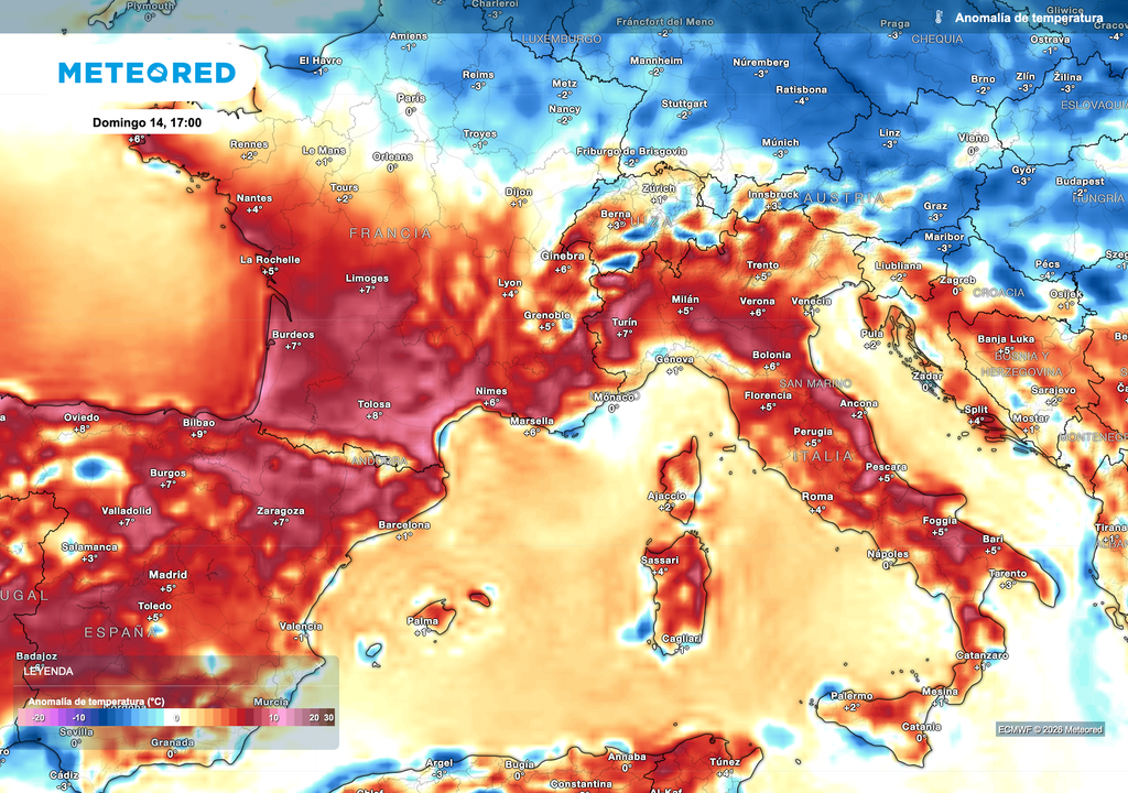 Anomalia di temperatura prevista in Europa per la prossima domenica: la massa d’aria calda resterà confinata al sud del continente.