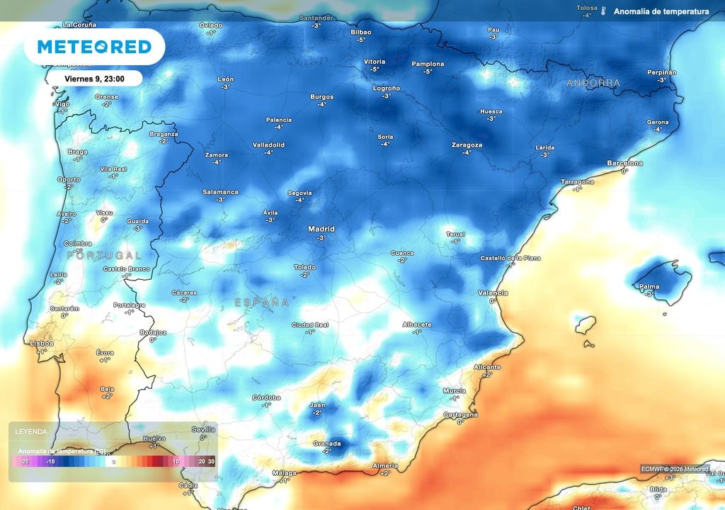 Anomalías de temperatura previstas a últimas horas del viernes 9 de octubre. Fuente: modelo europeo.