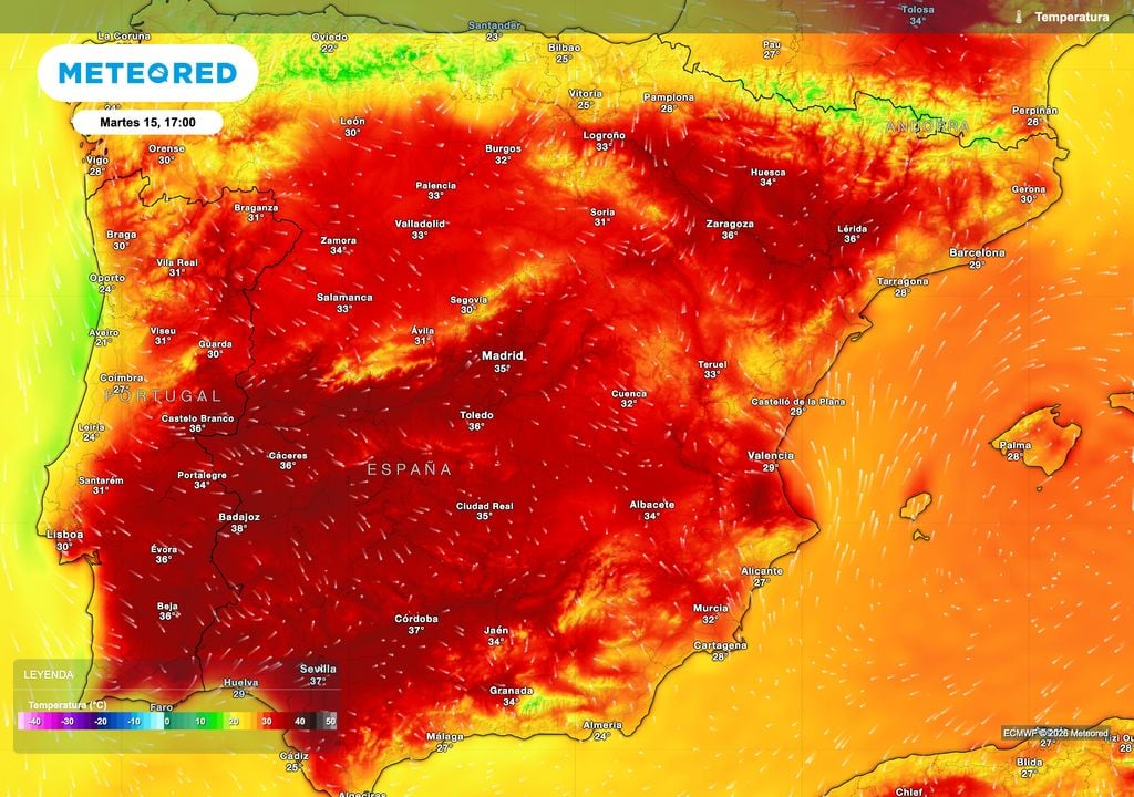 El pico del episodio cálido se alcanzará el martes, con registros generalizados de 36 a 37 ºC. Fuente: modelo europeo.