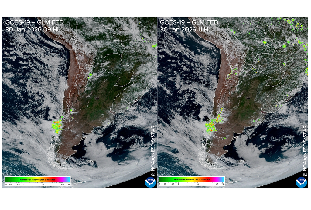 Número de destellos detectados por GLM a las 09 y 11 hora local del día 30 de enero. Fuente: NOAA/NESDIS/STAR.