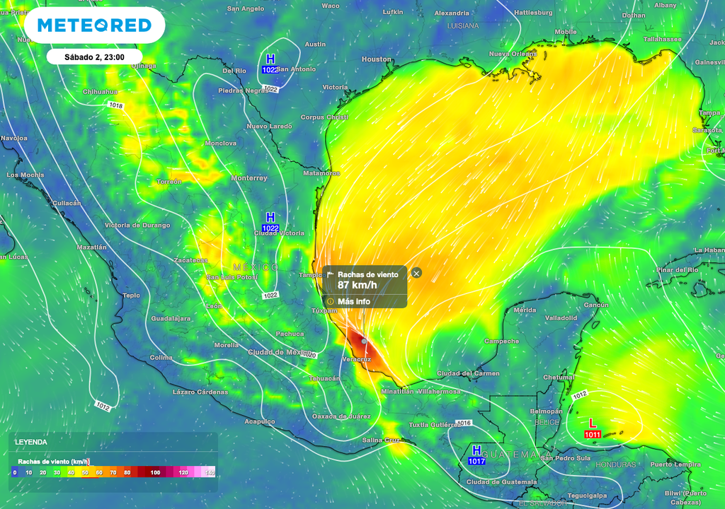 Se prevé viento de hasta 60 km/h con ráfagas de 80 a 100 km/h sobre el litoral del Golfo de México.