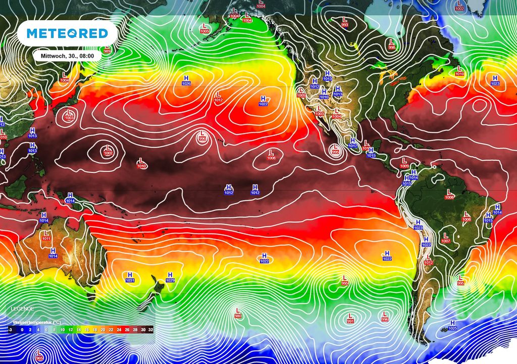 Wassertemperaturen, Pazifik, El Niño Im Ost-Pazifik entwickelt sich ein El Niño Event. Die Wassertemperaturen sind dort aktuell außergewöhnlich hoch.