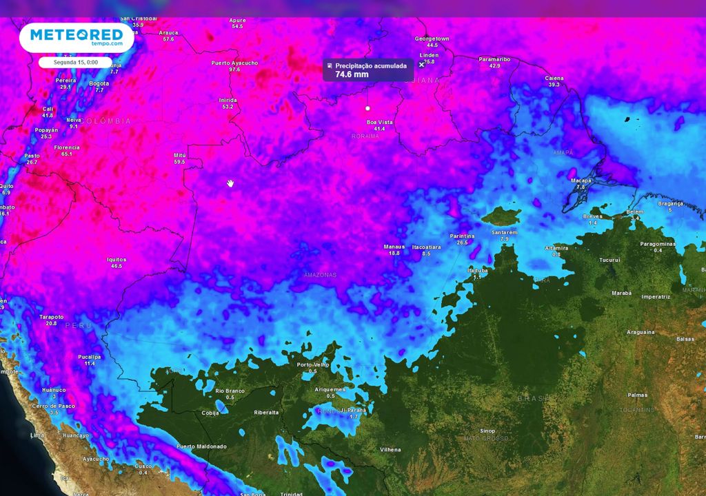 Previsão de acumulados totais de chuva até o final do domingo.