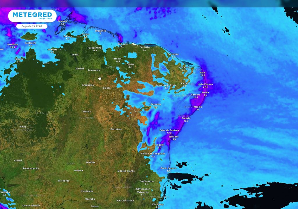 Previsão de acumulados totais de chuva até o final do domingo.